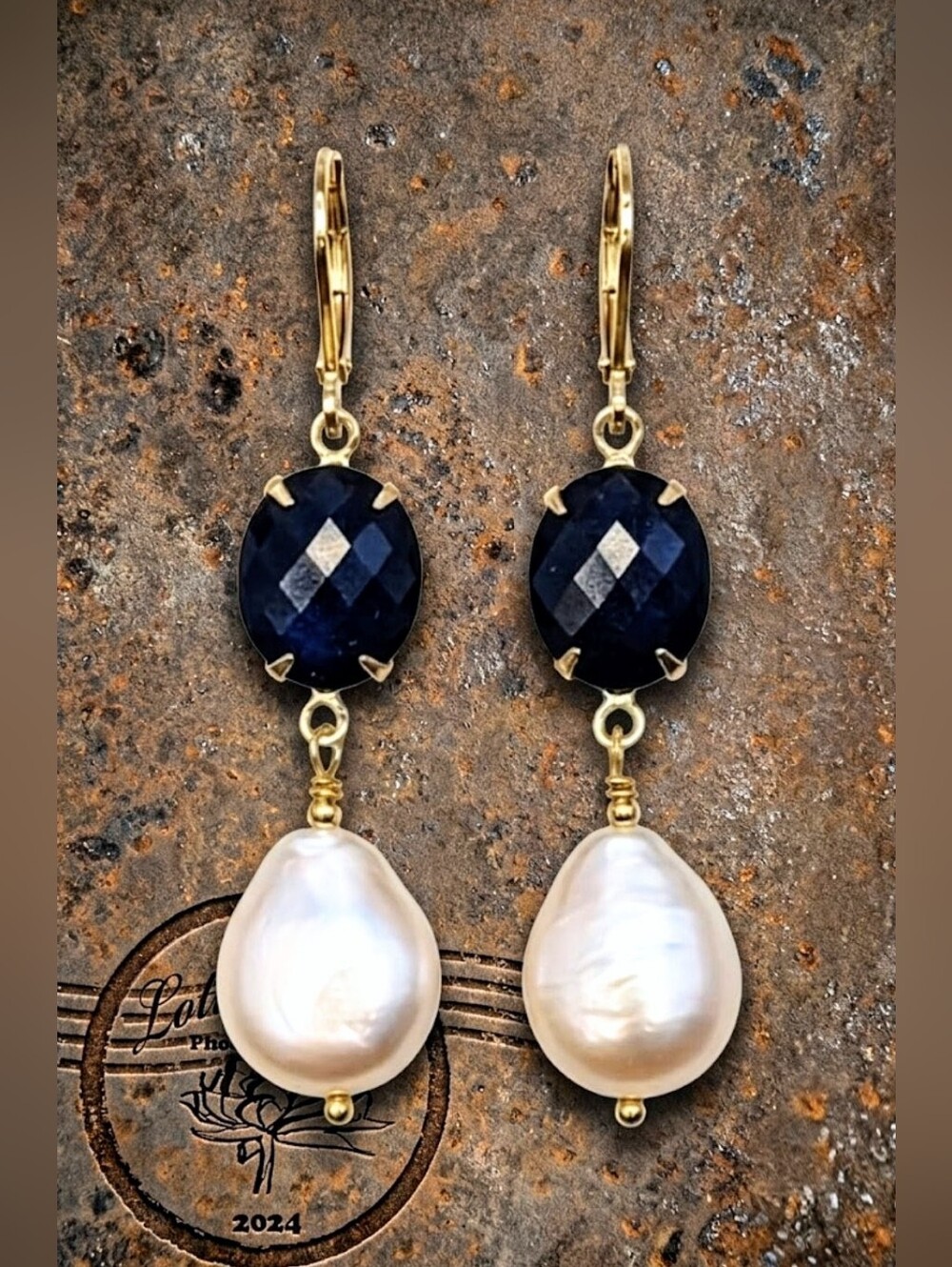 Natural Sapphire 15 Total Carats Opaque & Baroque Pearls In Gold Plated Earrings